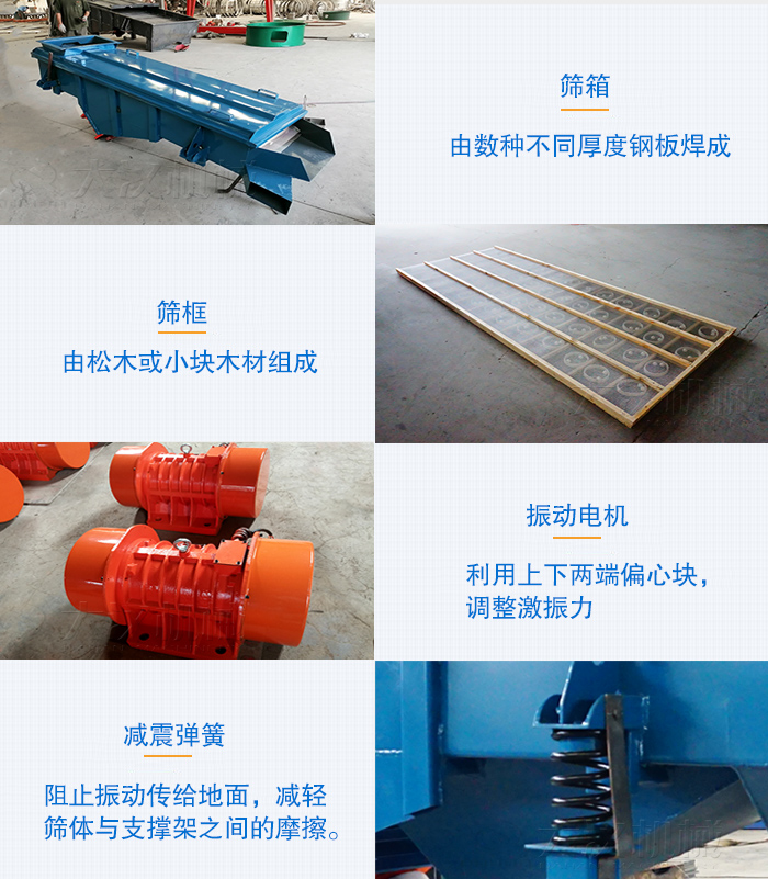 小型直線篩篩箱，篩框，振動電機，彈簧等部件圖片展示