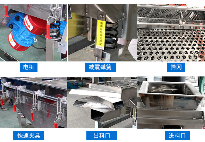 中藥飲片520直線振動篩電機，減震彈簧，篩網，快速夾具，進料口，出料口等細節展示
